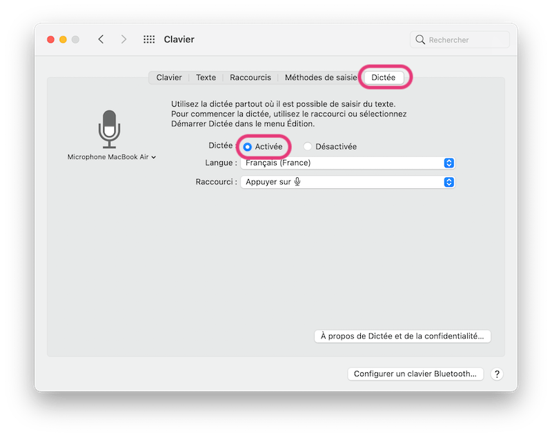 Activation de la dictée vocale sur Mac