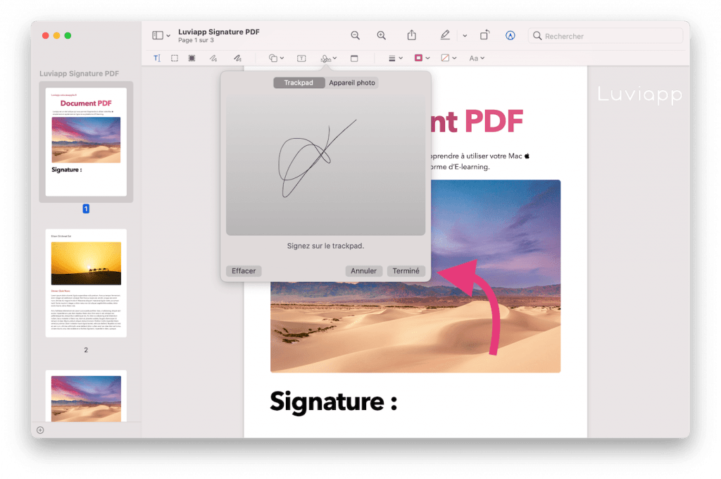 Création de la signature avec Trackpad Aperçu Mac