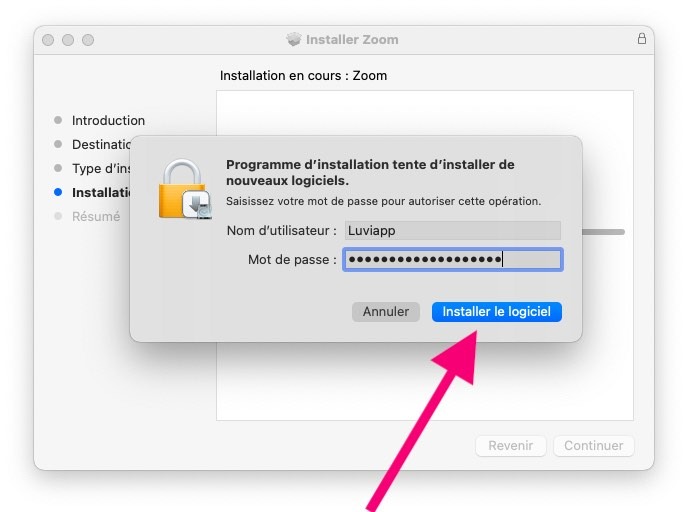 Installation de Zoom Mac mot de passe