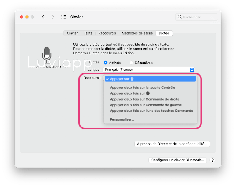 Modifier le raccourci clavier dictée macOS