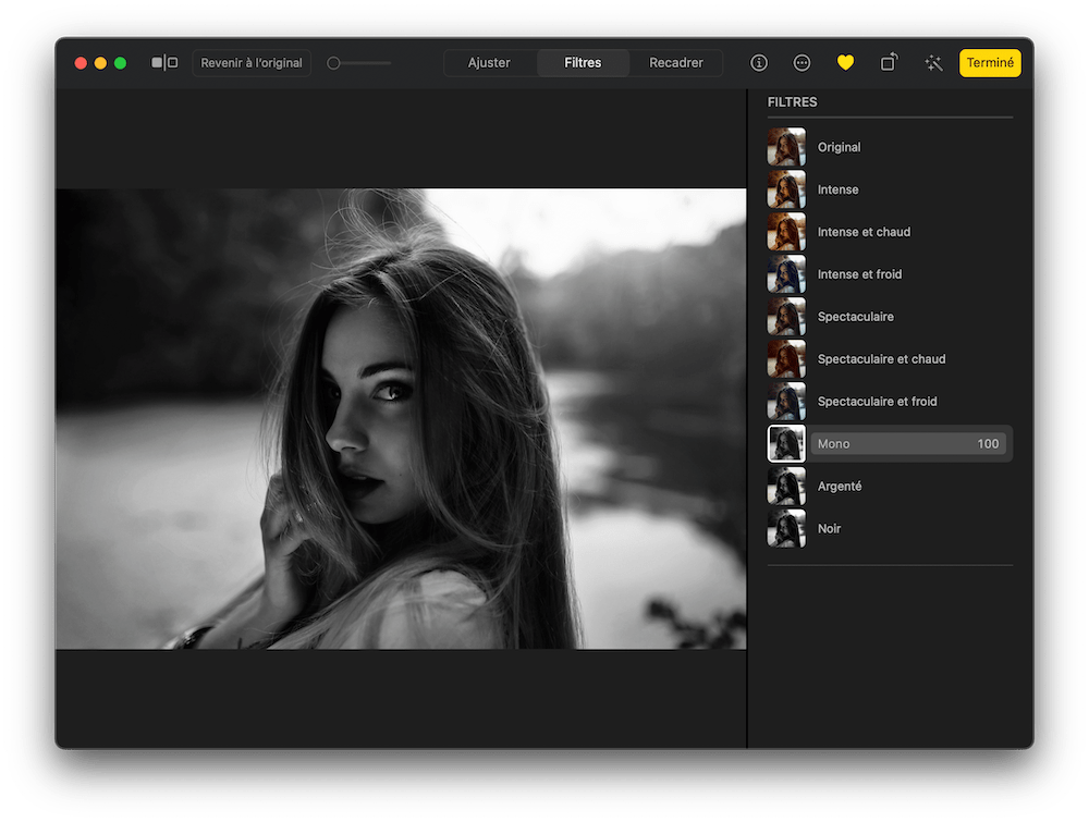 Noir et blanc filtre photos macOS
