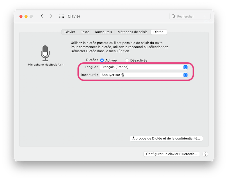 Vérification langue et raccourci clavier dictée vocale Mac