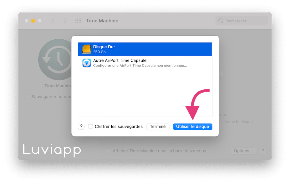 Sélection du disque de sauvegarde Mac