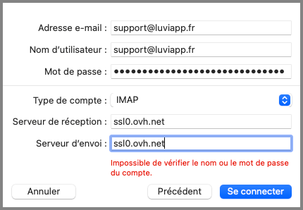 macOS OVH connexion IMAP serveur